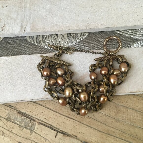 Stephen Dweck 5 Strand Bronze Link Bracelet with Gold Pearls - Picture 8 of 11